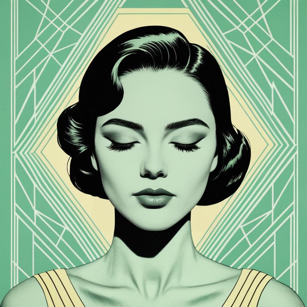Art Deco Style Woman Portrait with Geometric Pattern Background