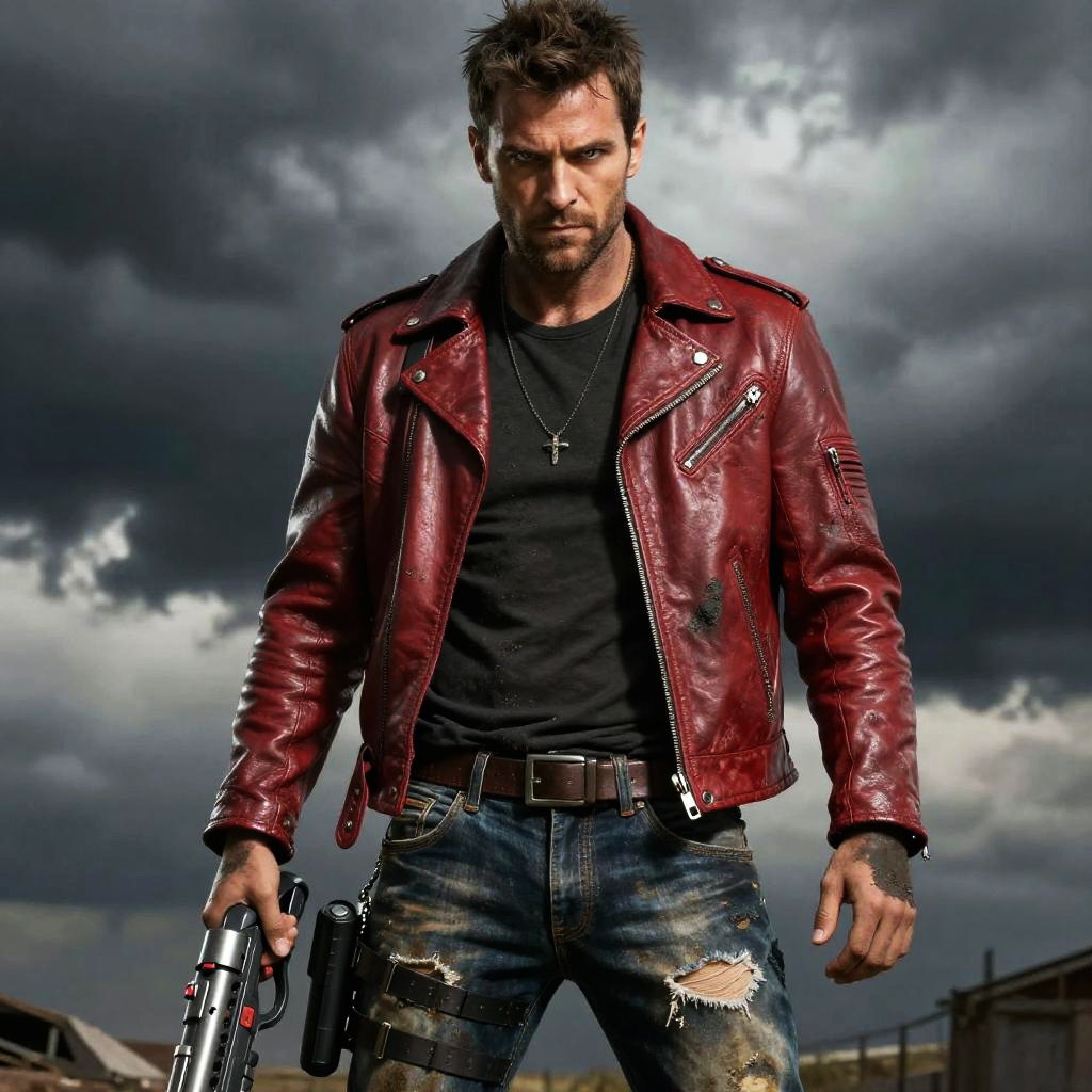 Man in Red Leather Jacket with Futuristic Weapon Under Stormy Sky