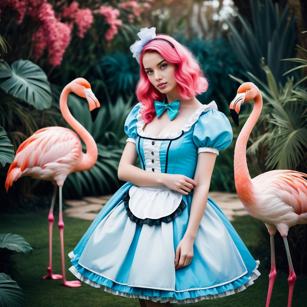 Whimsical Woman in Blue Wonderland Costume with Flamingos