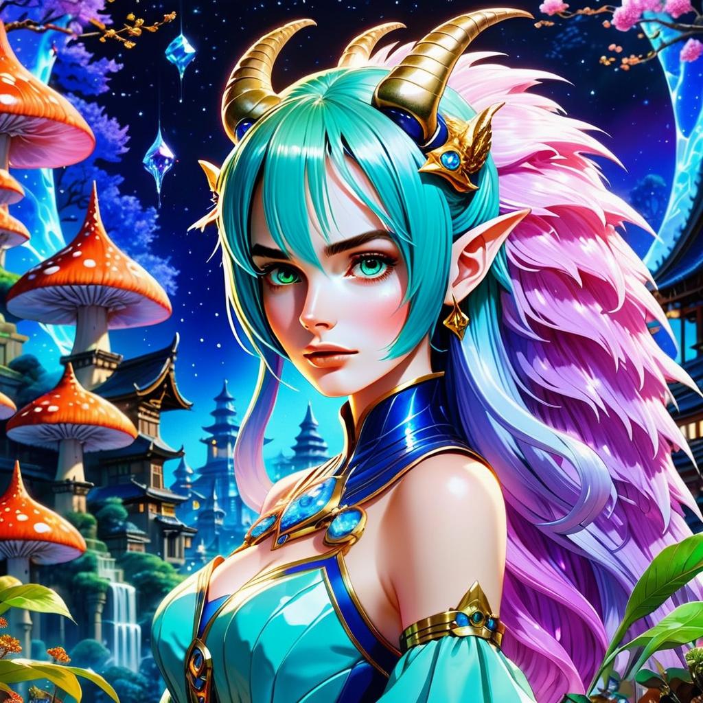 Fantasy Woman with Turquoise Hair and Golden Horns in Mystical Setting Fantasy Woman with Turquoise Hair and Golden Horns in Mystical Setting