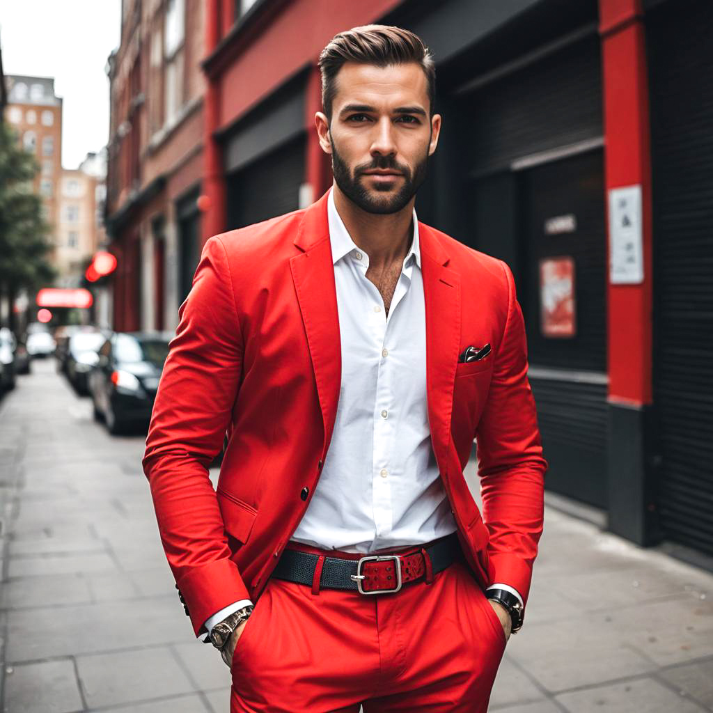 Stylish Man in Red Suit on Trendy Street