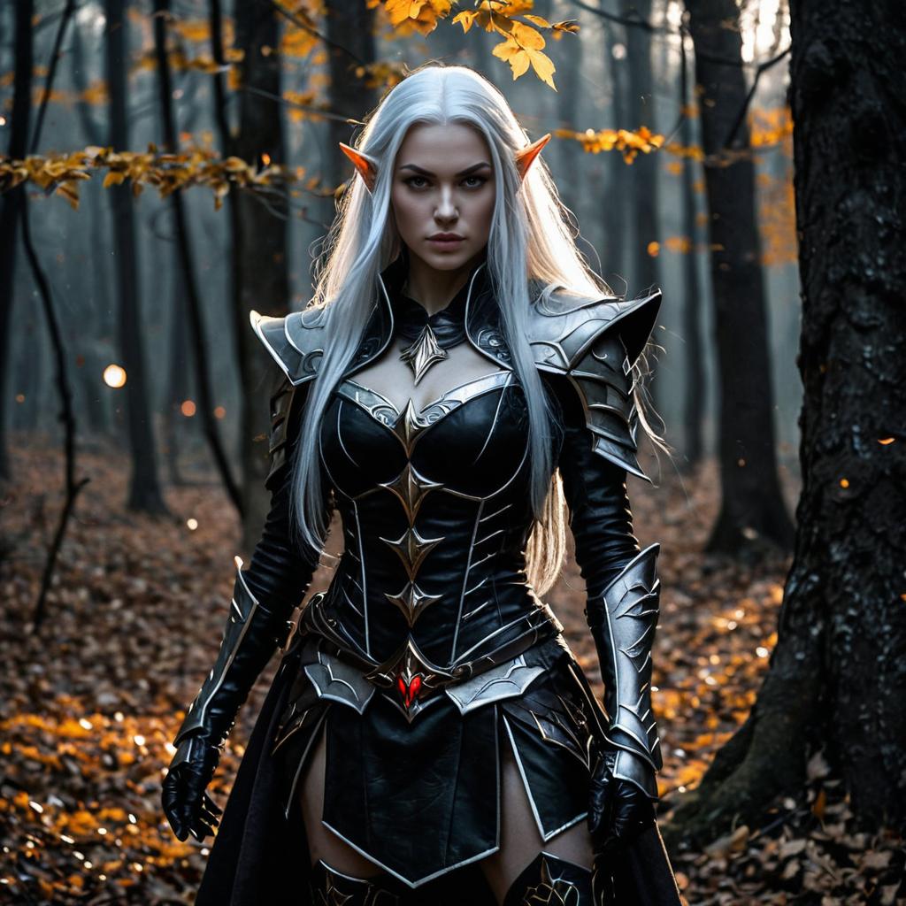 Dark Elf Woman Warrior in Fantasy Forest Armor