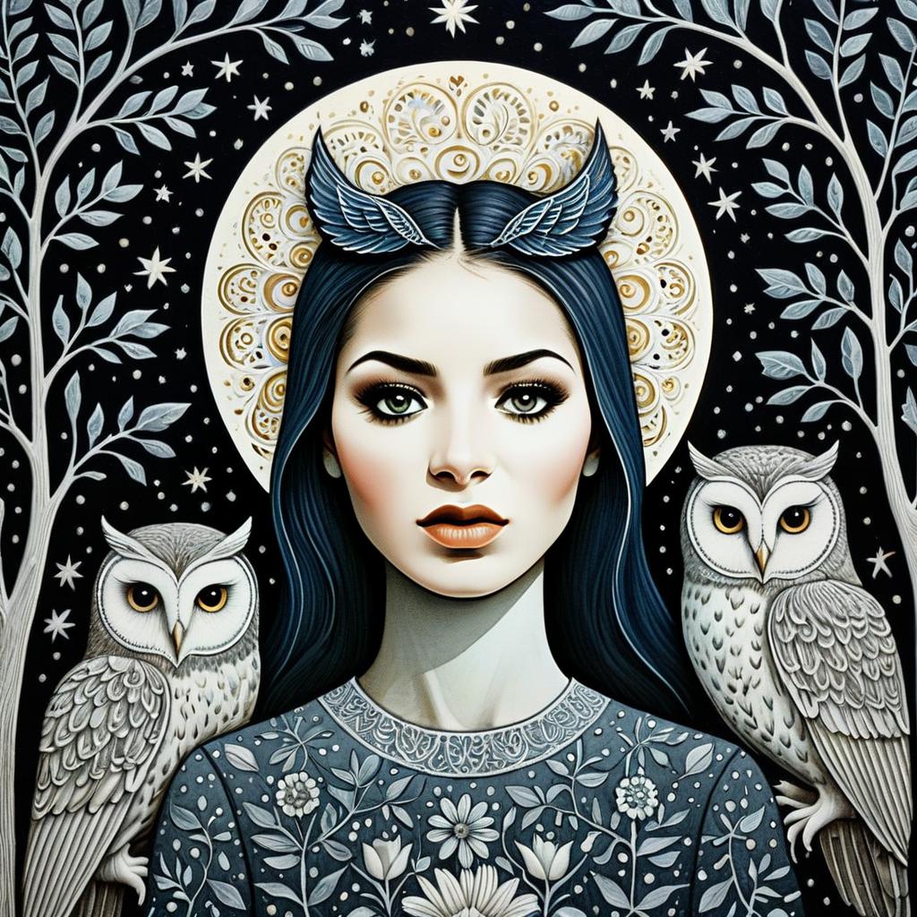 Mystical Woman with Owls and Ornate Halo Digital Artwork
