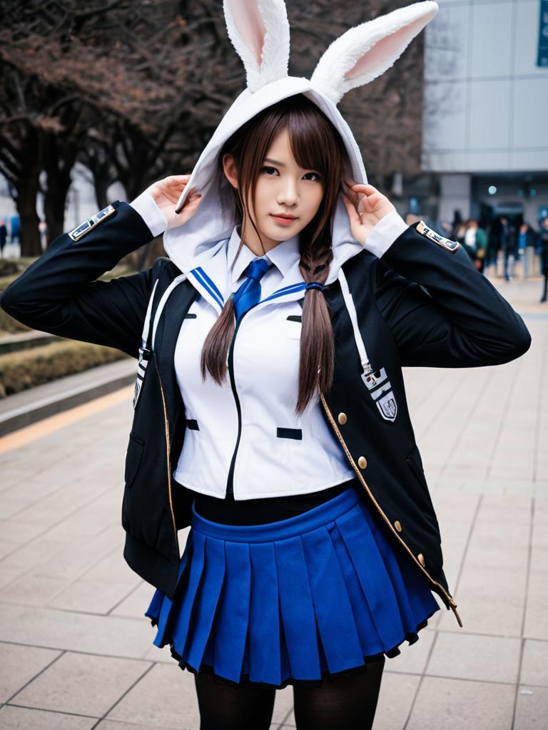 Amiya Arknights Cosplay with Bunny Ears Hoodie Outdoor Portrait