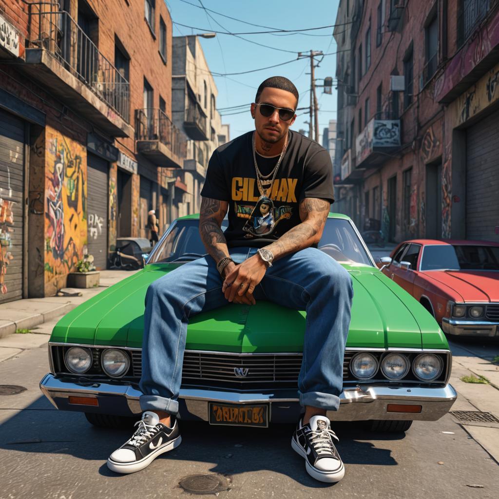 Stylish Man on Vintage Green Car in City