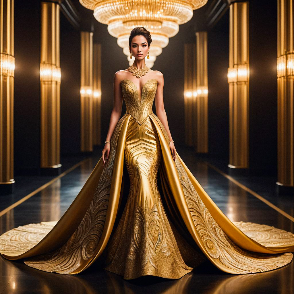 Elegant Woman in Gold Evening Gown with Chandeliers Elegant Woman in Gold Evening Gown with Chandeliers