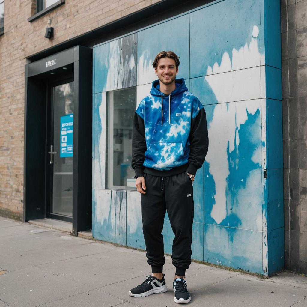 Man in Blue Hoodie Against Urban Mural