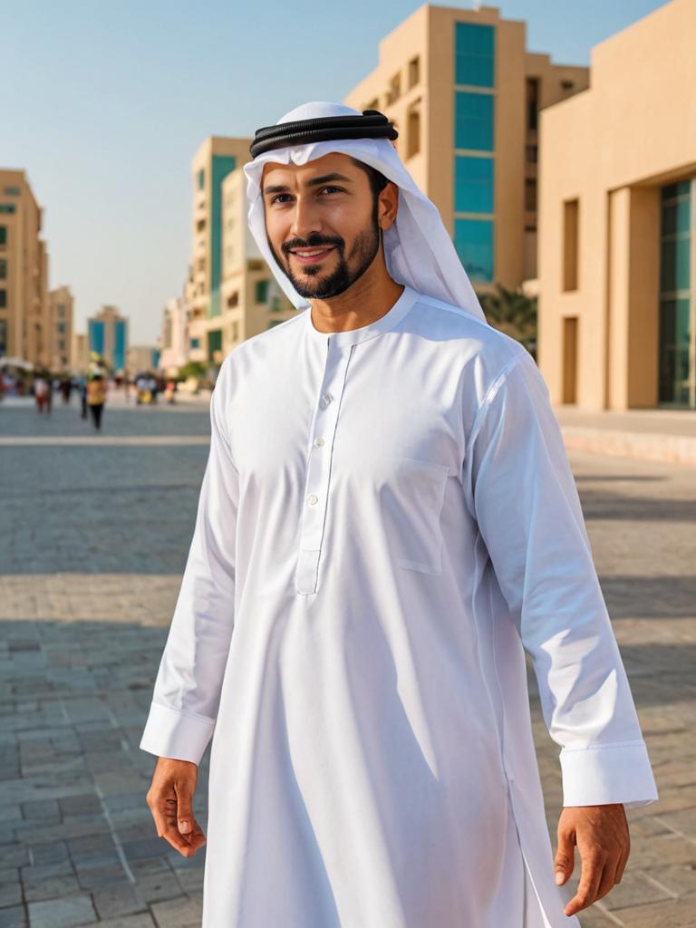 Arab Man in Traditional Attire Walking in Dubai