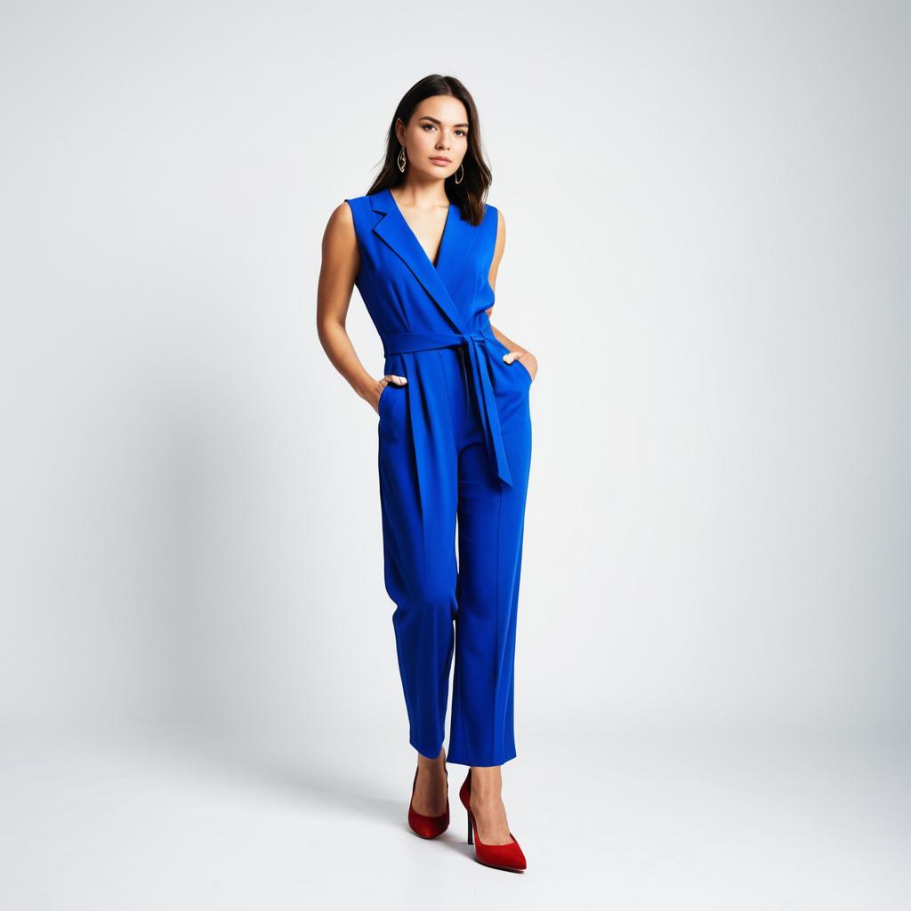 Confident Woman in Blue Jumpsuit and Red Heels