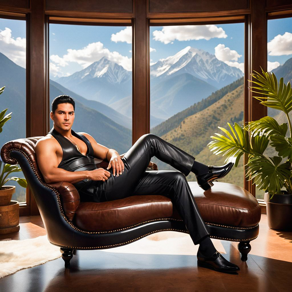 Confident Man in Black Leather Attire on Chaise Lounge Confident Man in Black Leather Attire on Chaise Lounge