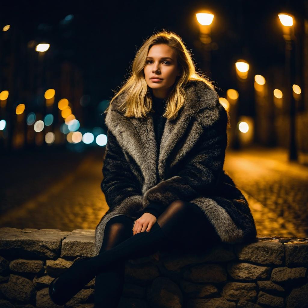 Elegant Woman in Fur Coat Sitting on Stone Ledge at Night with Streetlight Bokeh