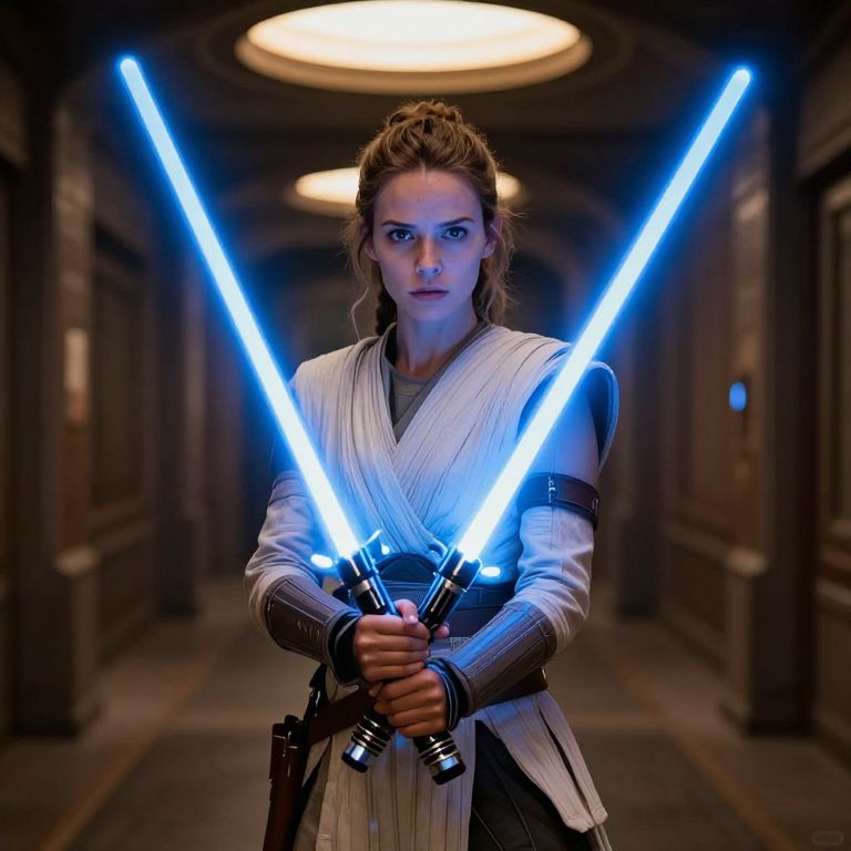 Woman Wielding Twin Blue Lightsabers in Sci-Fi Corridor