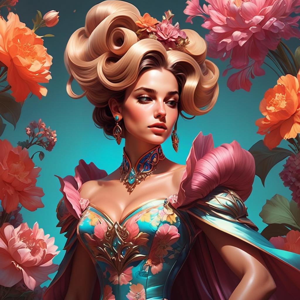 Regal Woman in Floral Gown with Curls