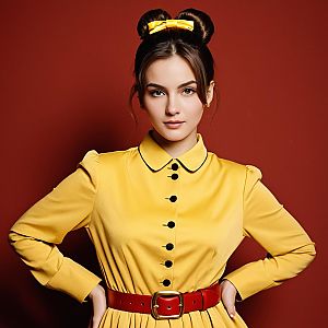 Retro Style Woman in Yellow Dress with Red Belt on Red Background