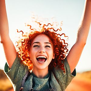 Joyful woman with red hair celebrating under blue sky