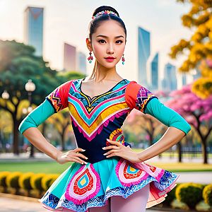 Graceful female dancer in vibrant outfit against urban backdrop