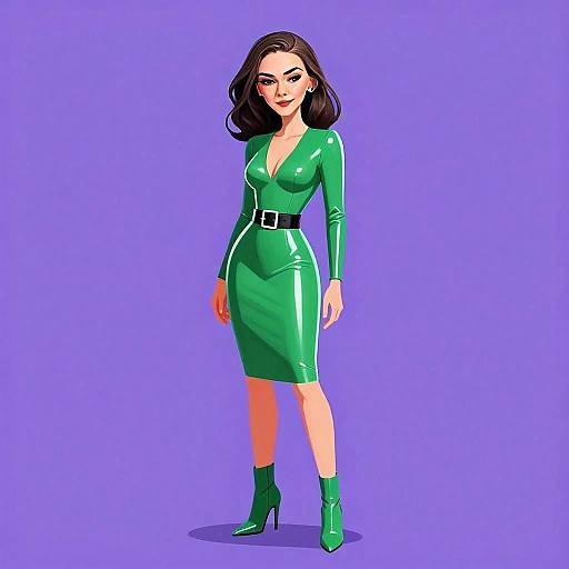 Woman Wearing Emerald Green Latex Bodycon Dress with Black Belt and Matching Boots