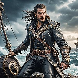 Confident Pirate on Ship in Stormy Seas