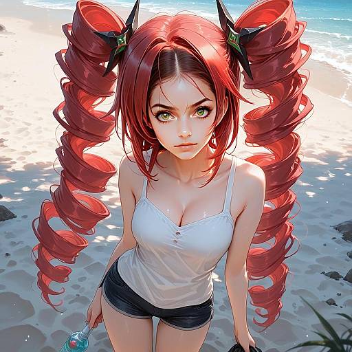 Red-Haired Anime Girl with Spiral Twin-Tails on Beach Digital Art