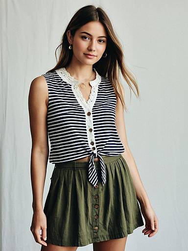 Woman in Casual Striped Sleeveless Top with Lace and Olive Green Button Front Skirt