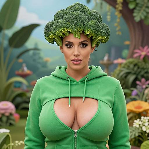 Woman Wearing Broccoli Hat and Green Hoodie in Whimsical Garden