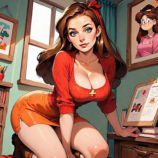 Anime-Inspired Digital Art of Woman in Red Top and Orange Skirt in Cozy Room
