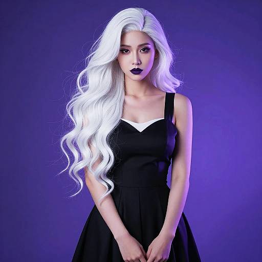 Woman with Long White Hair and Black Dress in Purple Studio Lighting