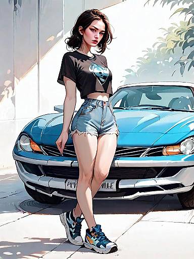 Realistic Comic Style Woman Posing with Vintage Blue Sports Car