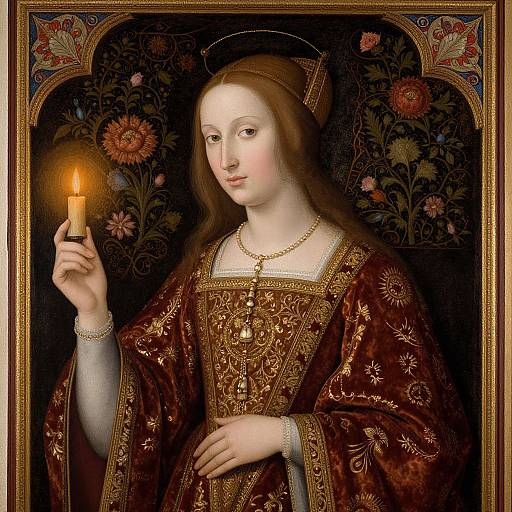 Renaissance Portrait of Woman Holding Candle in Ornate Red and Gold Gown