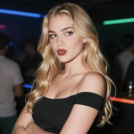 Blonde Woman in Black Off-Shoulder Top at Nightclub Gen Z Style