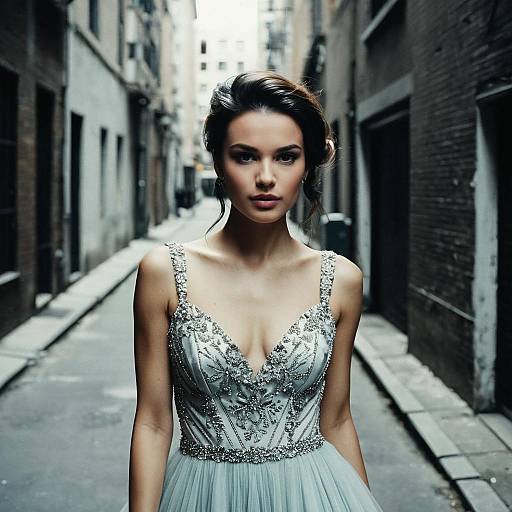 Elegant Woman in Beaded Silver Evening Gown in Urban Alleyway