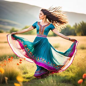 Woman in Turquoise Dress Twirling in Scenic Landscape