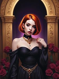 Elegant Woman in Black Dress with Red Hair and Gold Jewelry