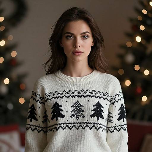 Young Woman in Festive Christmas Tree Sweater with Holiday Lights Background