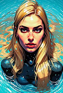 Blonde Woman with Green Eyes in Turquoise Background