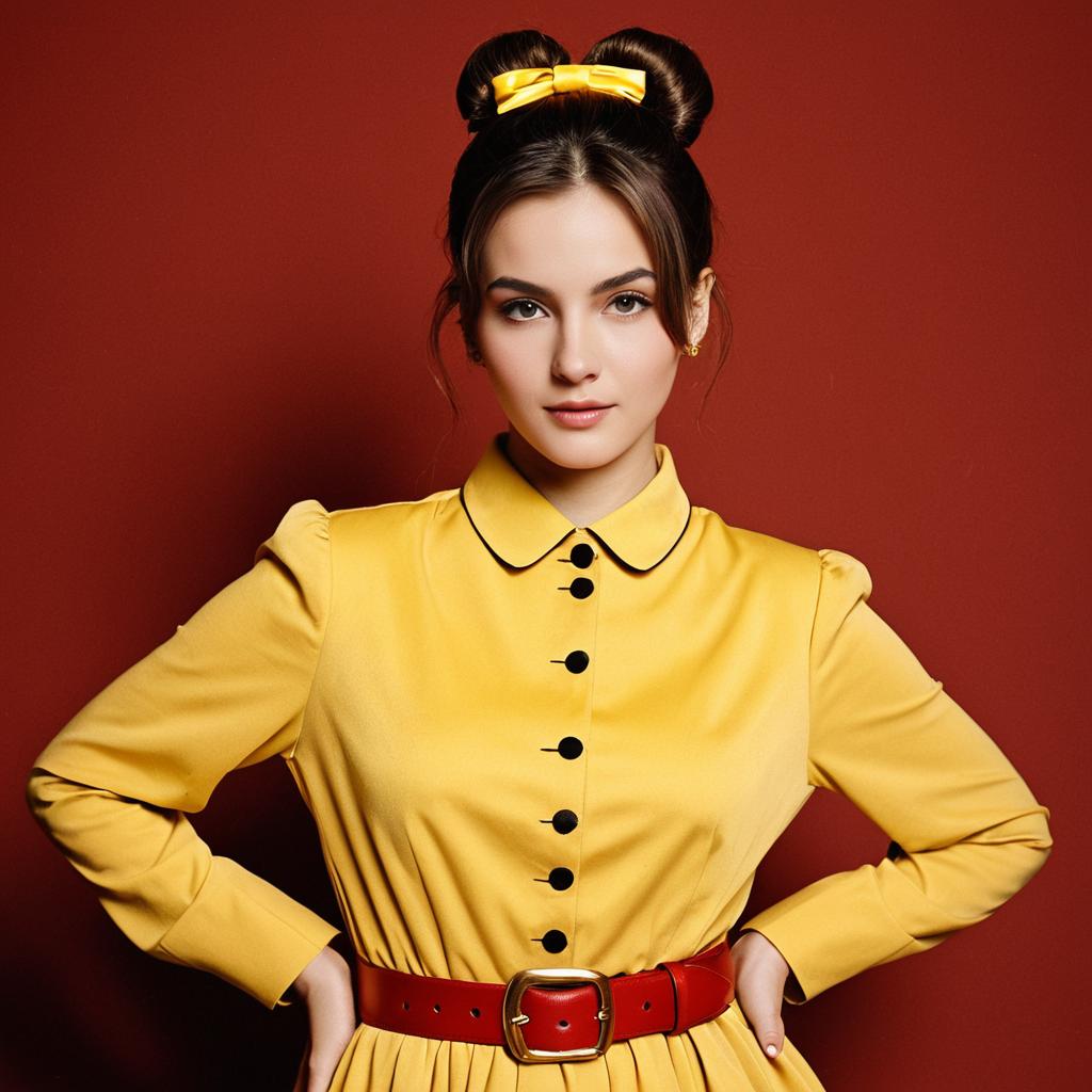 Retro Style Woman in Yellow Dress with Red Belt on Red Background