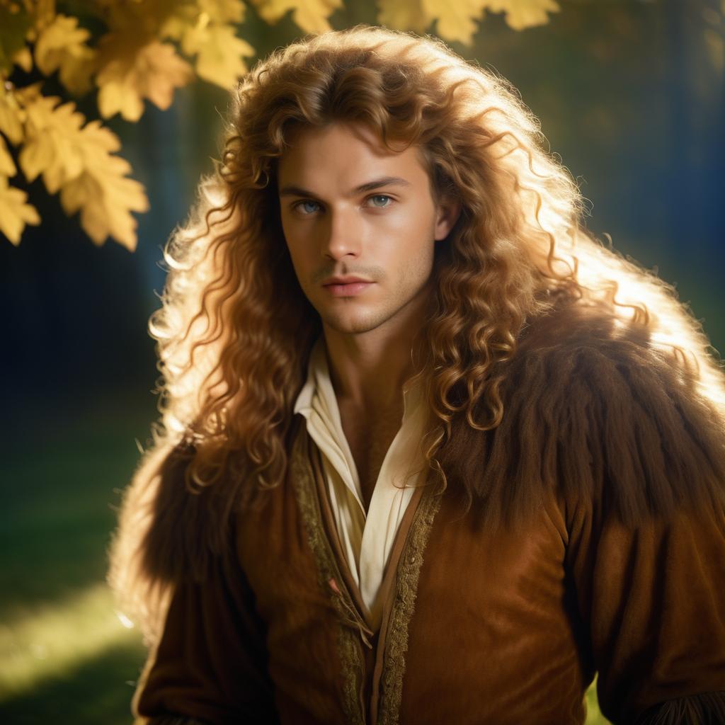 Young Man in Vintage Fur Coat Among Autumn Leaves