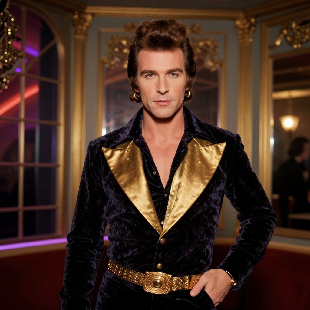 Retro 1970s Disco Man in Black Velvet and Gold Suit