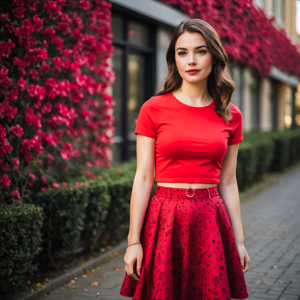 Stylish Woman in Red Outfit Among Pink Flowers