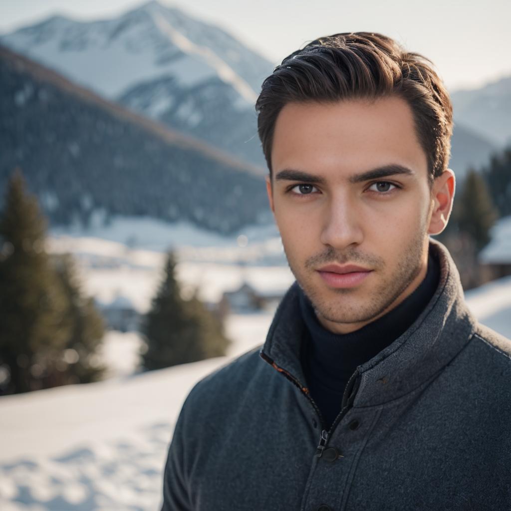 Young Man in Stylish Jacket Against Snowy Mountains