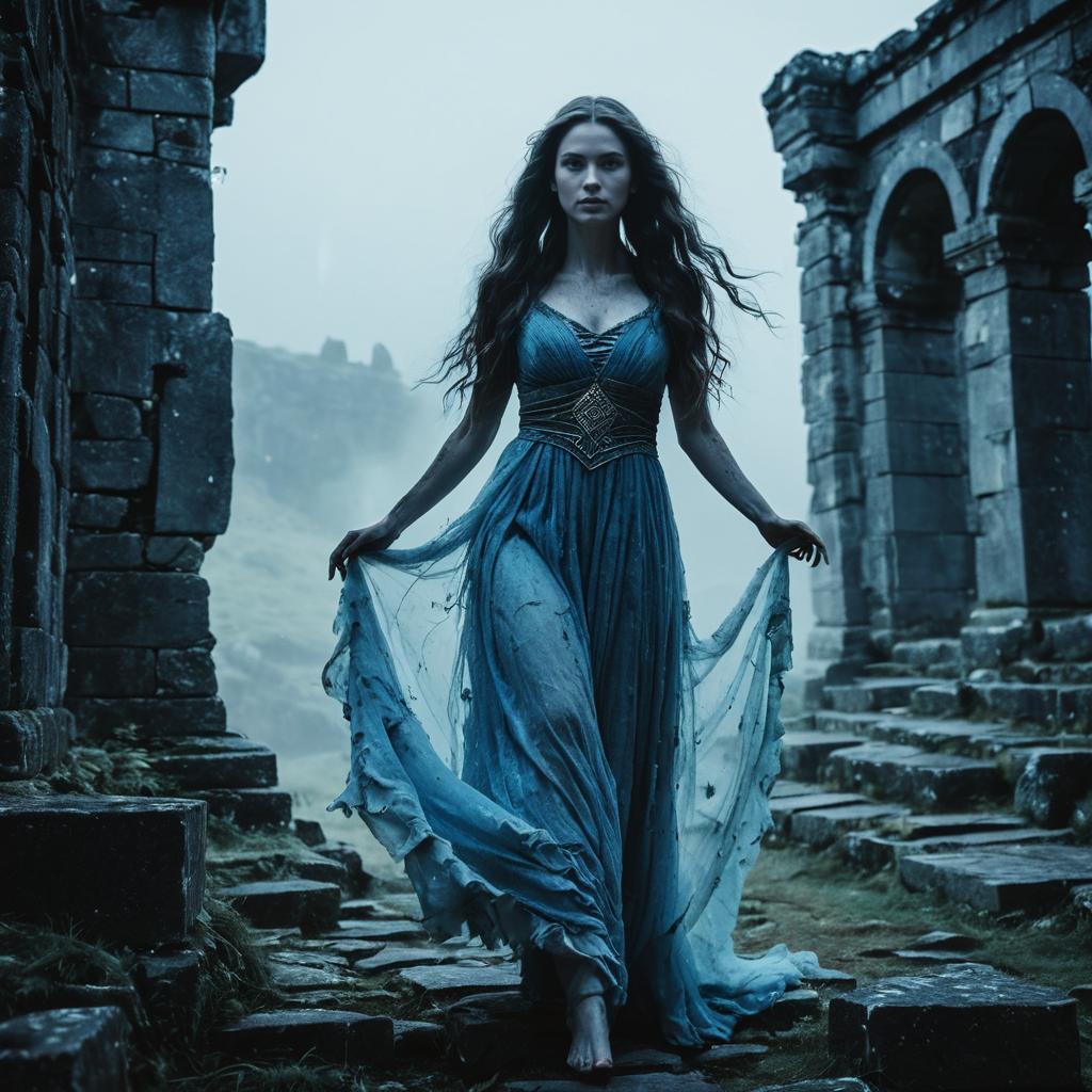 Mystical Woman in Blue Medieval Gown at Ancient Stone Ruins