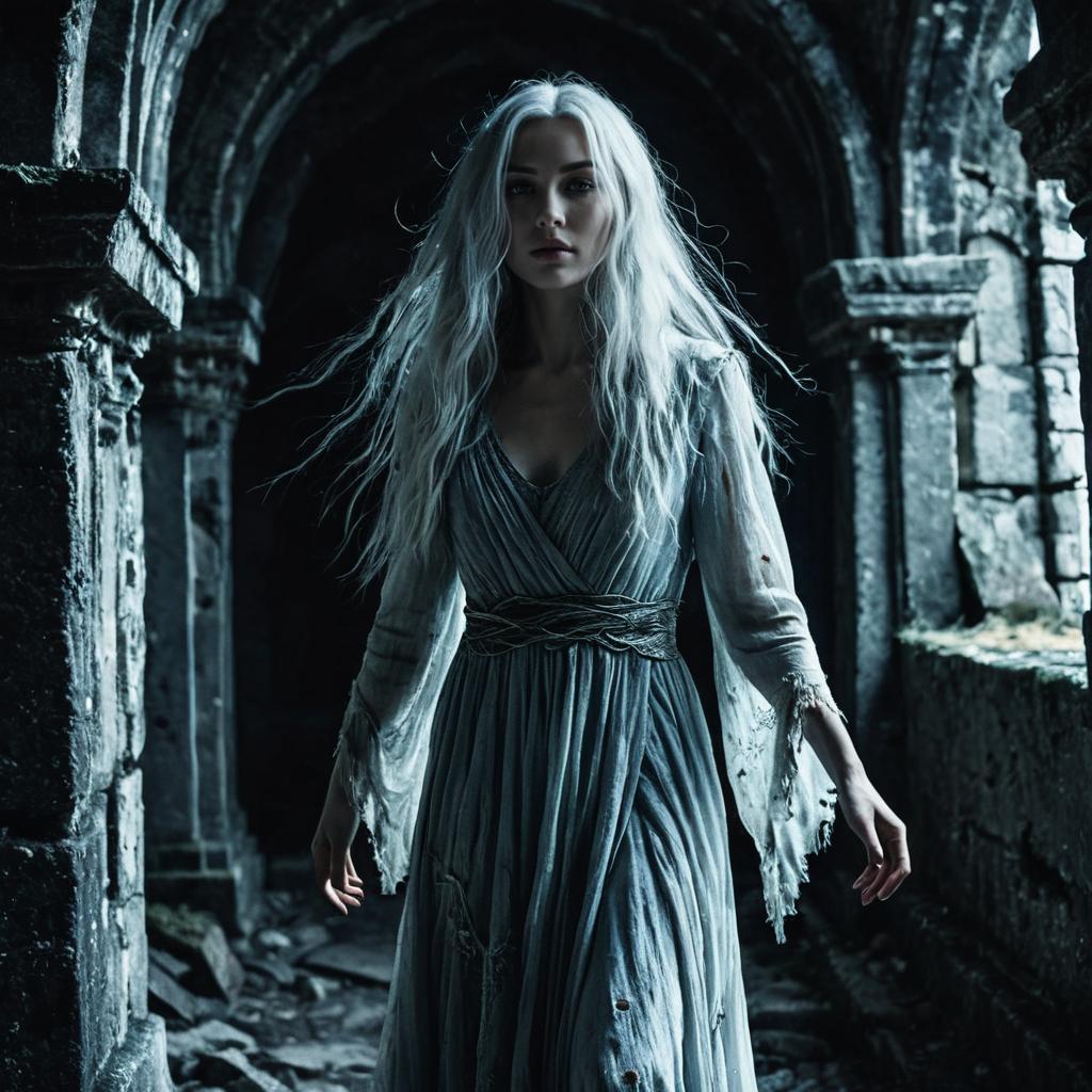 Ethereal Woman in Medieval Gothic Corridor Dark Fantasy