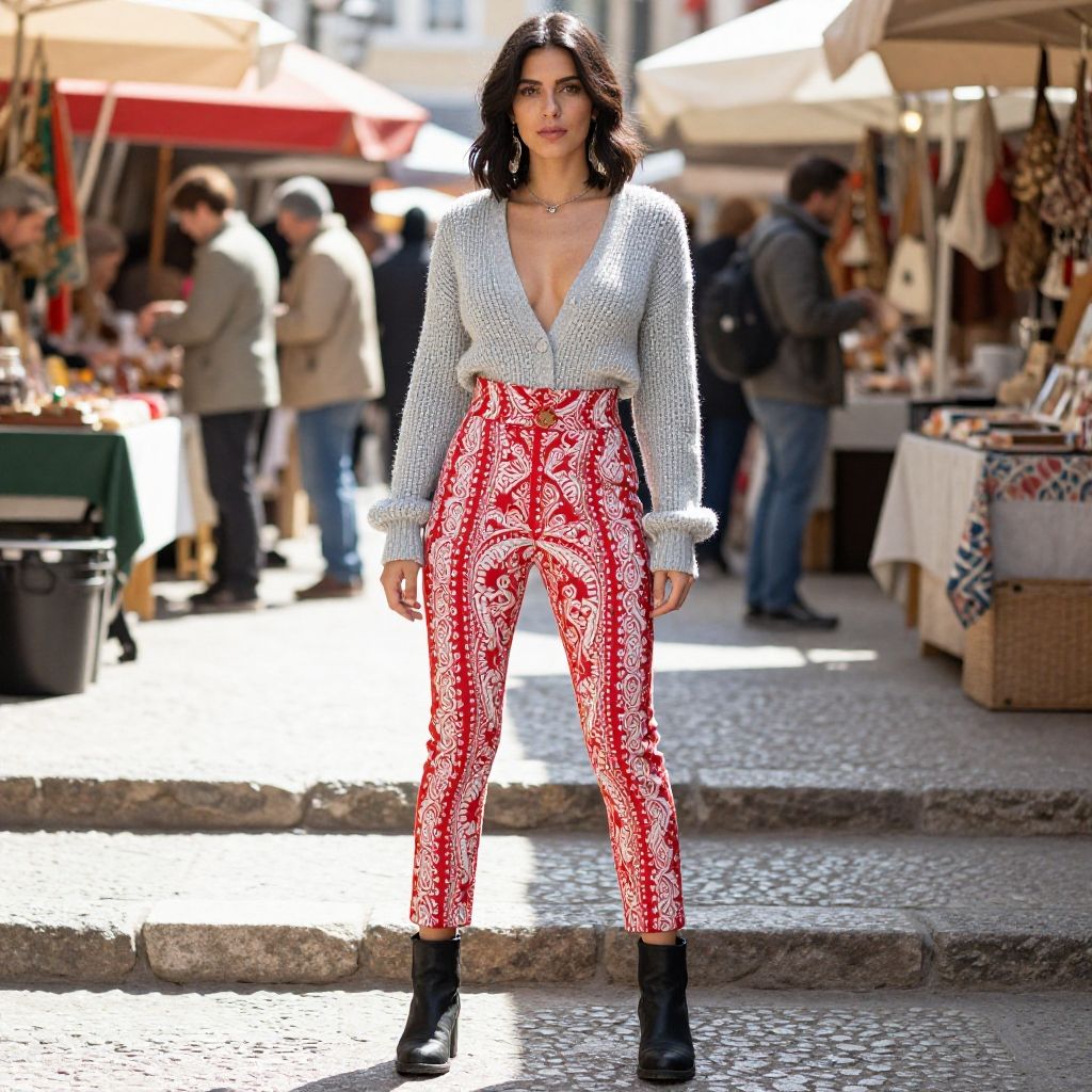 Stylish Woman Wearing Red Paisley Pants and Grey Sweater at Outdoor Market