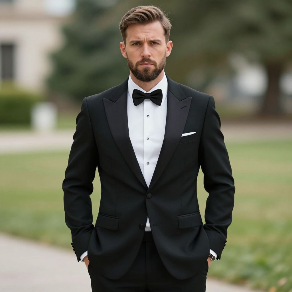 Man in Classic Black Tuxedo with Bow Tie Formal Attire