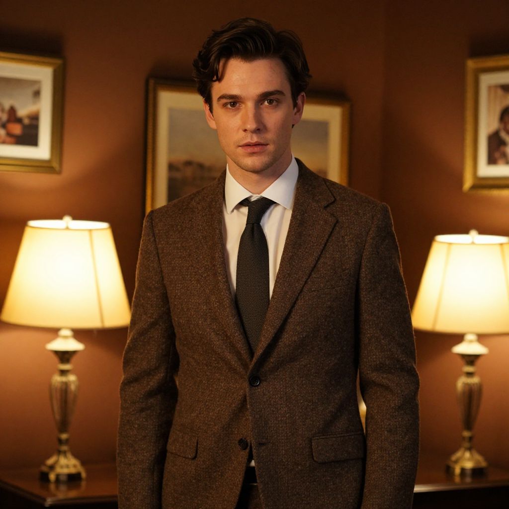 Young Man in Brown Blazer and Black Tie in Elegant Room
