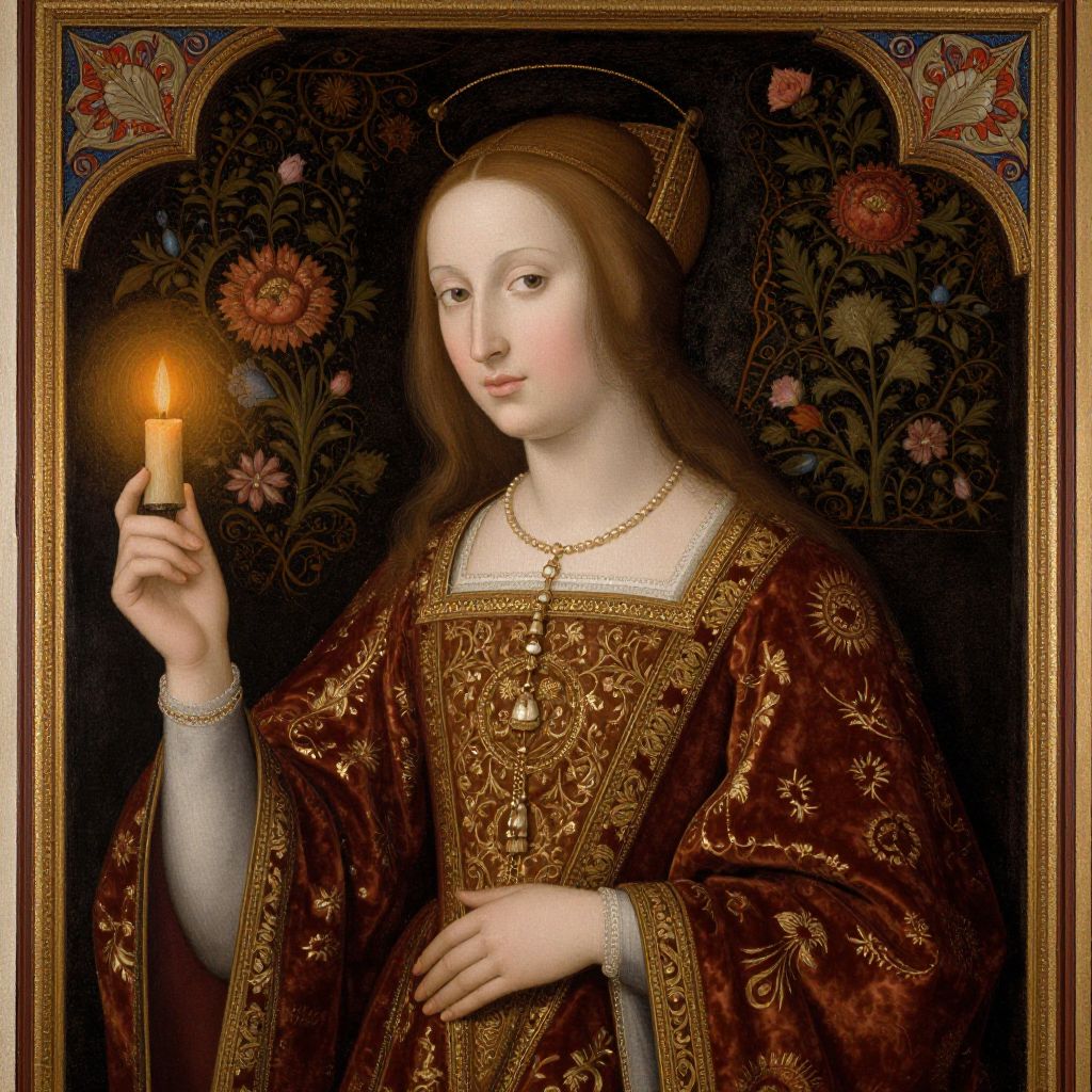 Renaissance Portrait of Woman Holding Candle in Ornate Red and Gold Gown