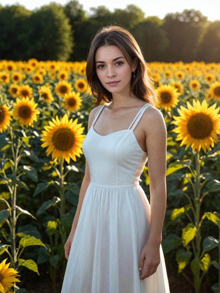 Young Woman in Sunflower Field