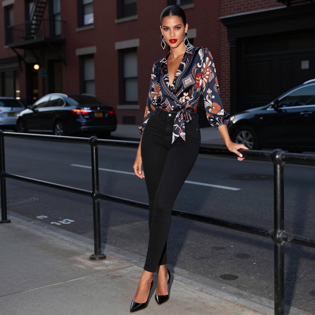 Trendy Woman in Floral Satin Blouse and Black Skinny Jeans on Urban Street