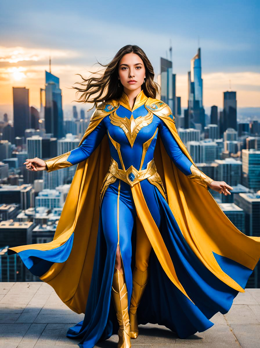 Vibrant Superhero Woman in Blue and Gold Costume