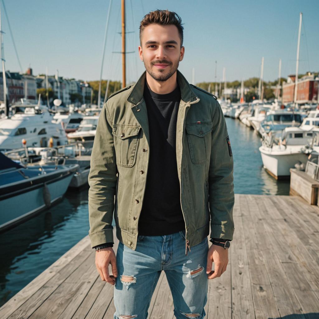 Stylish man on dock with yachts